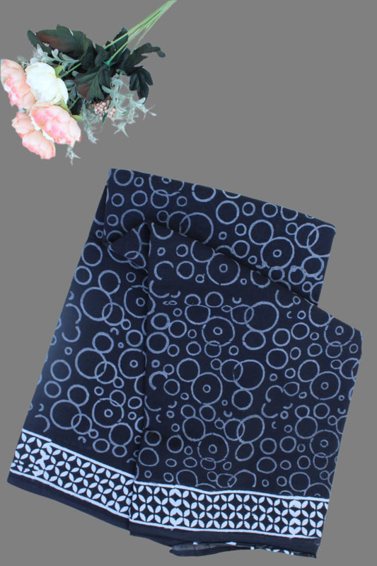 Black Block printed Mulmul Saree