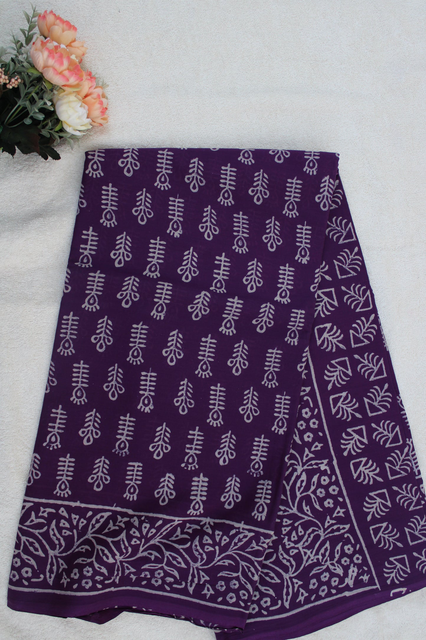 Purple Block print Mulmul Cotton saree