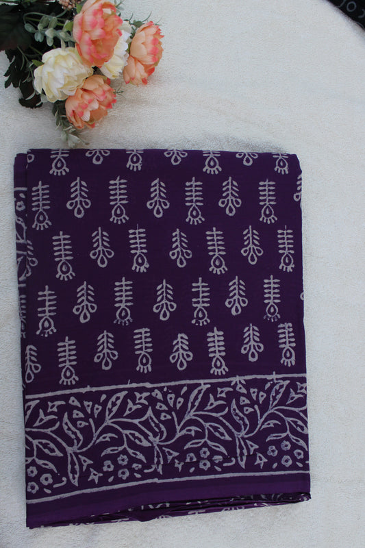 Purple Block print Mulmul Cotton saree