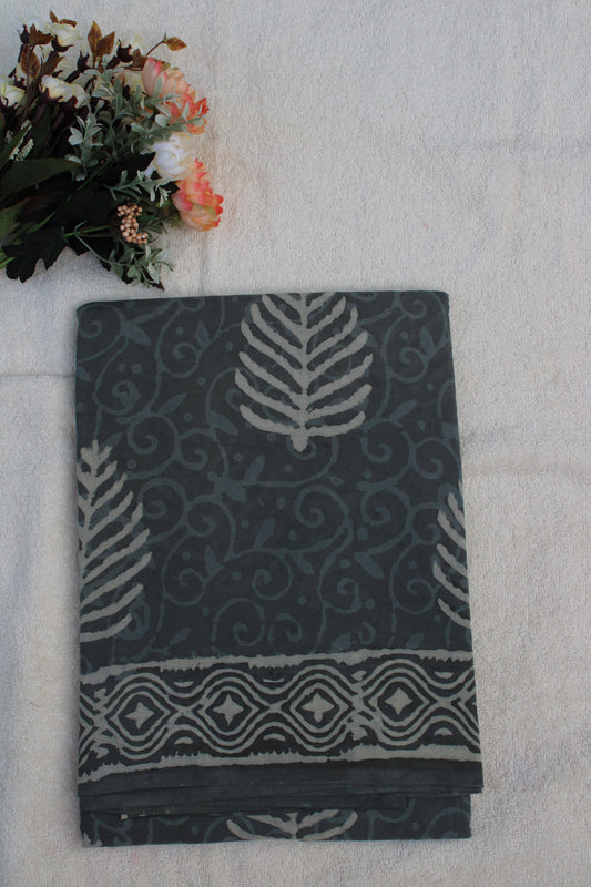 Grey leaf block printed mul cotton saree