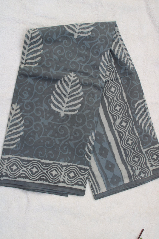 Grey leaf block printed mul cotton saree