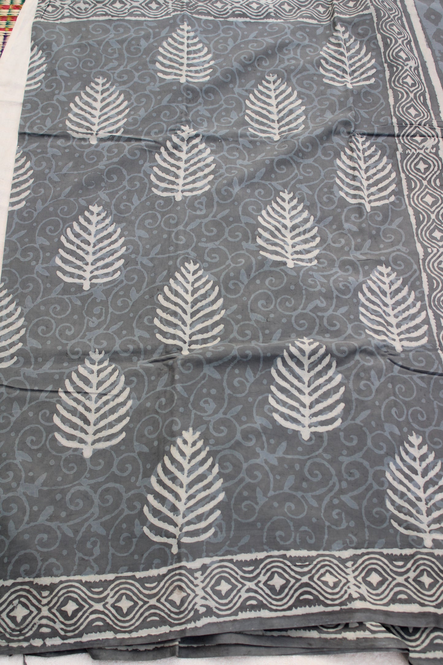 Grey leaf block printed mul cotton saree