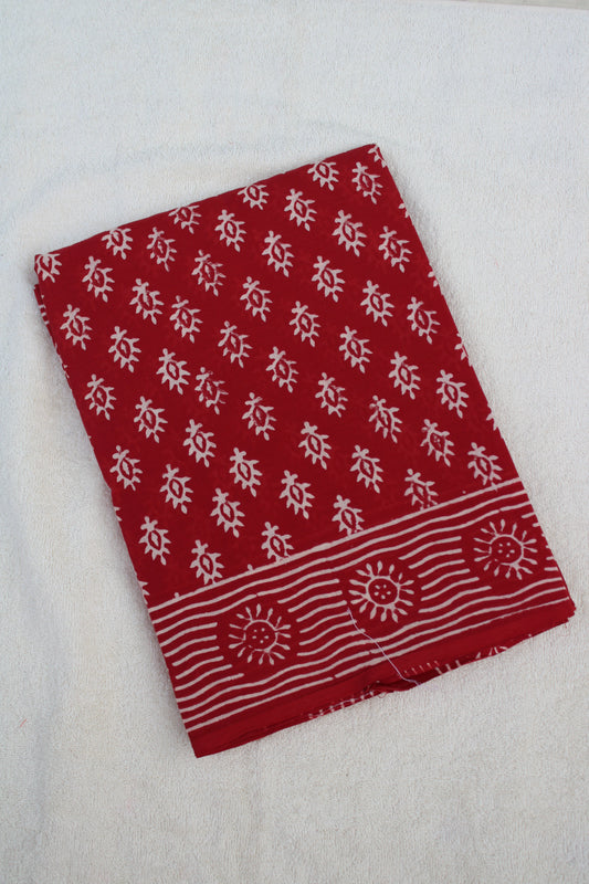 Red block printed mul cotton saree