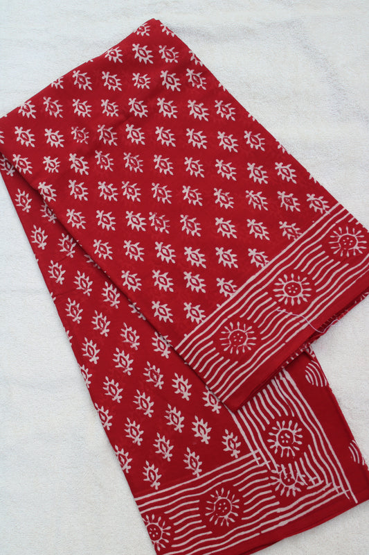 Red block printed mul cotton saree