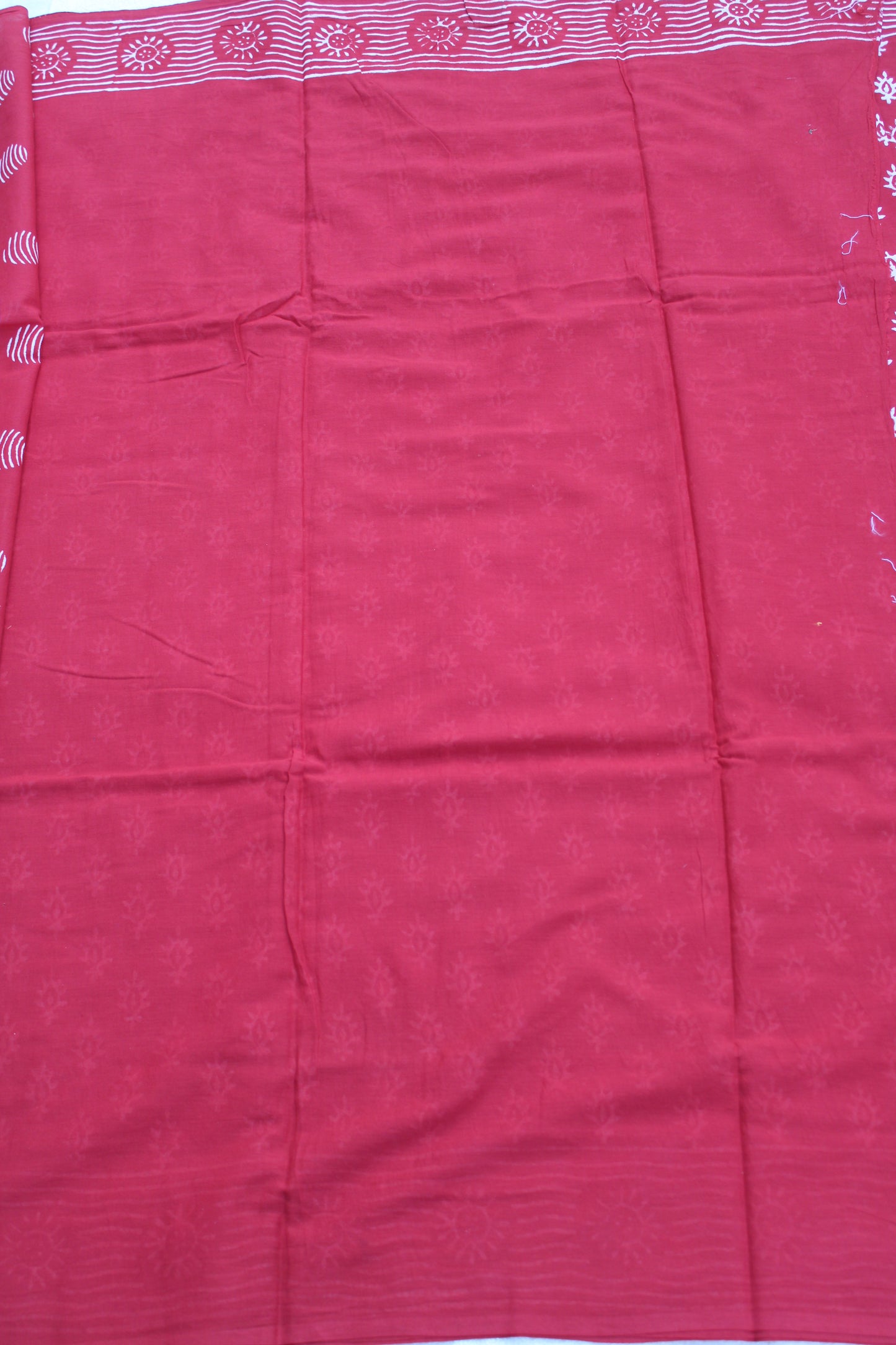 Red block printed mul cotton saree