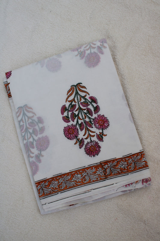 White block printed block printed mul cotton saree