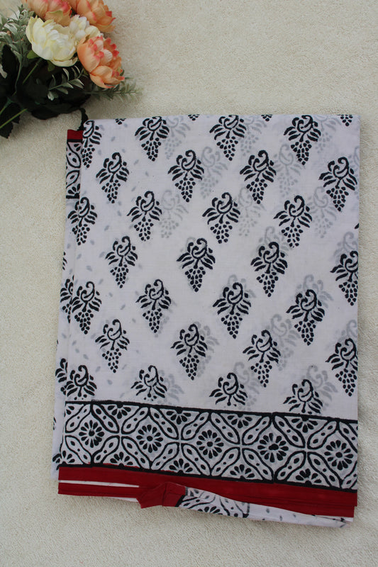 White hand block printed mul cotton saree leaf design