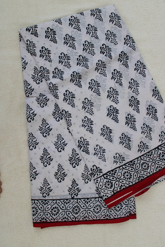 White hand block printed mul cotton saree leaf design