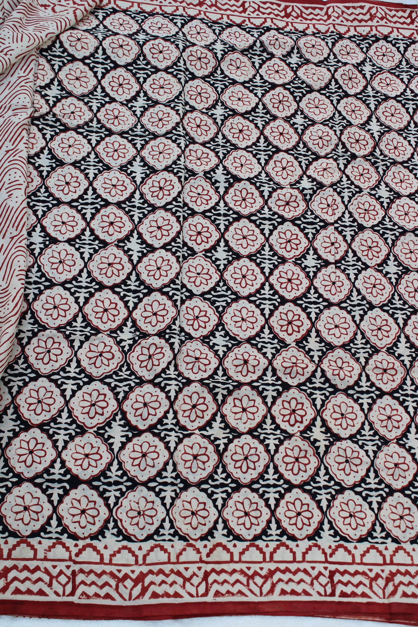 Beige with black and red combination hand block print Mul cotton saree