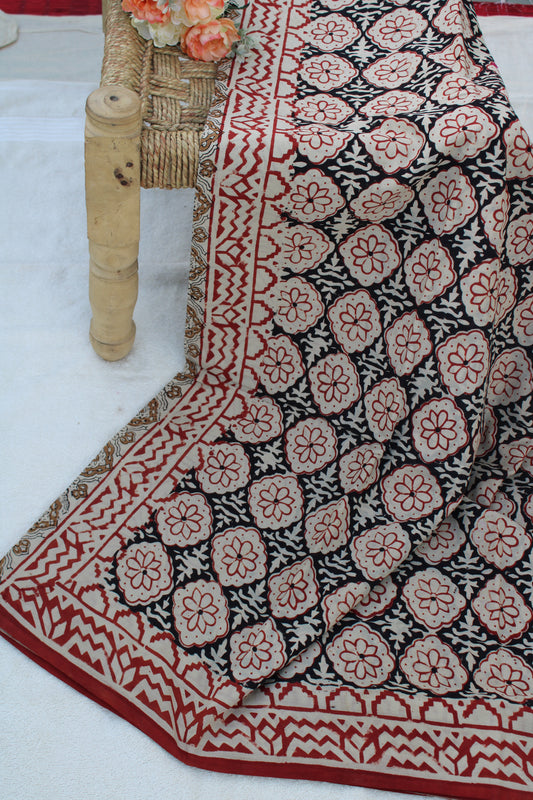Beige with black and red combination hand block print Mul cotton saree