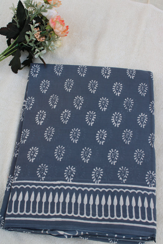 Grey hand block printed mul cotton saree
