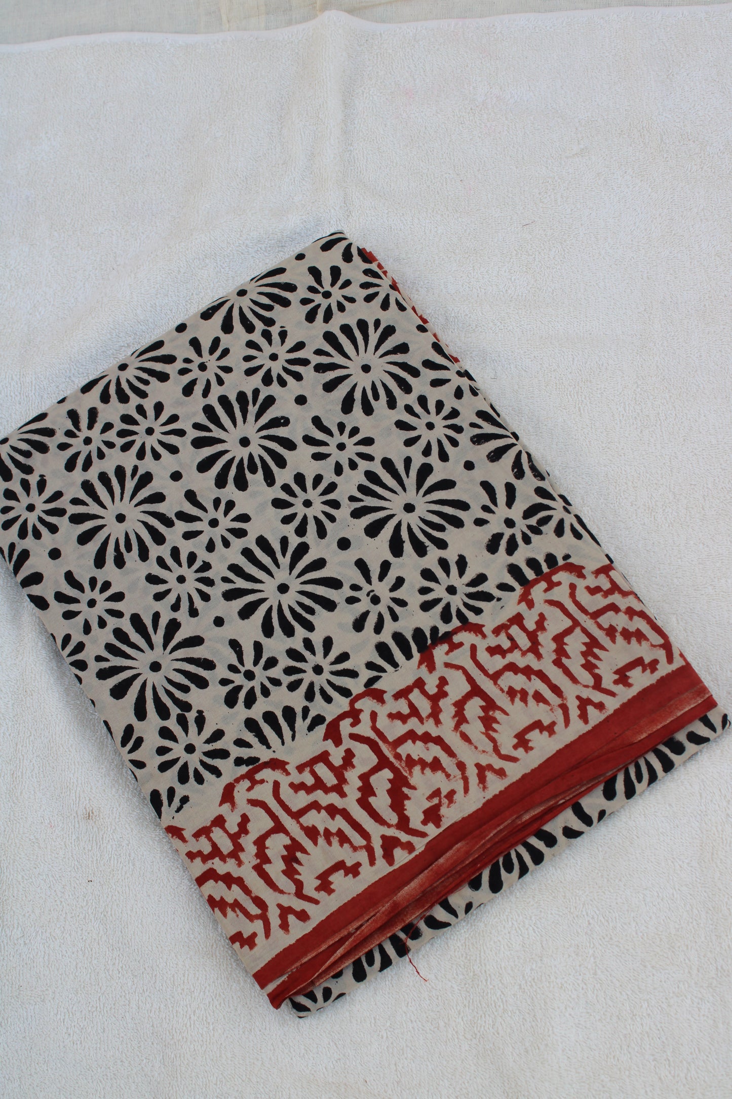 Beige with black hand block printed mul cotton saree