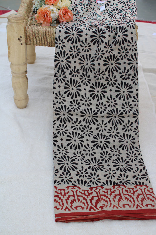 Beige with black hand block printed mul cotton saree