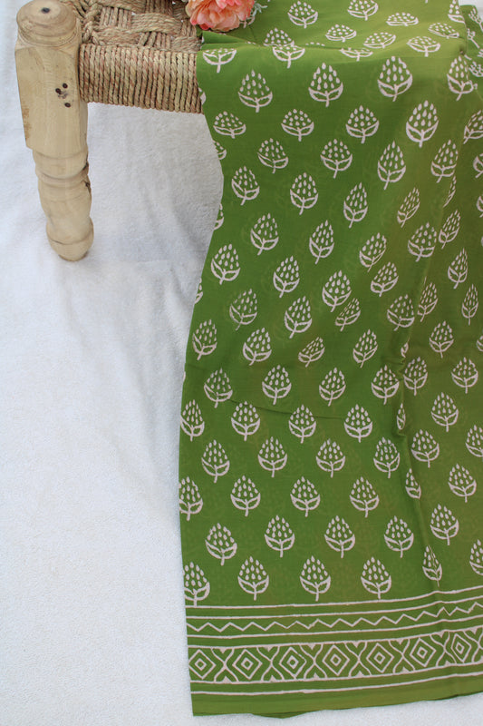 Green with white hand block printed mul cotton saree