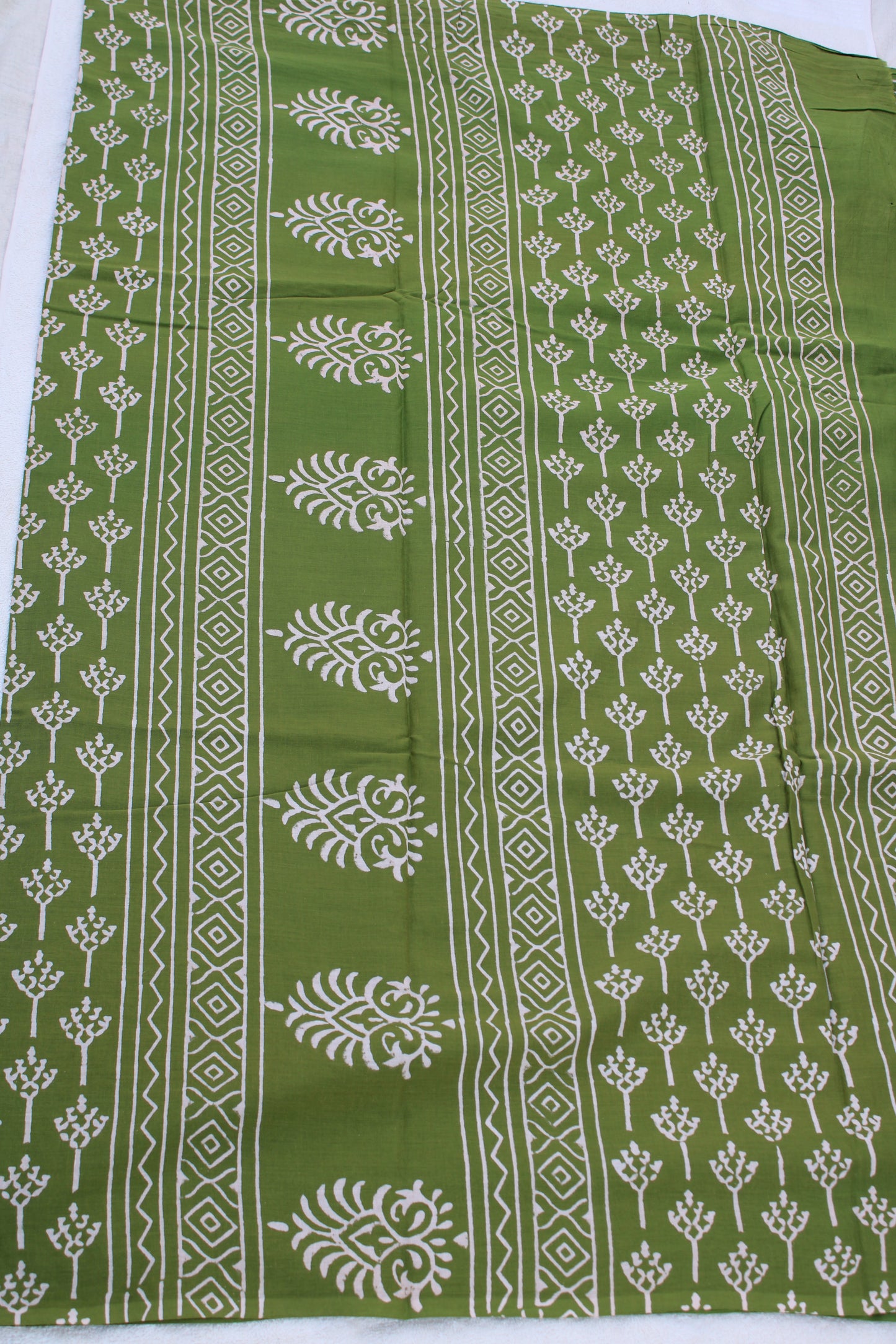 Green with white hand block printed mul cotton saree