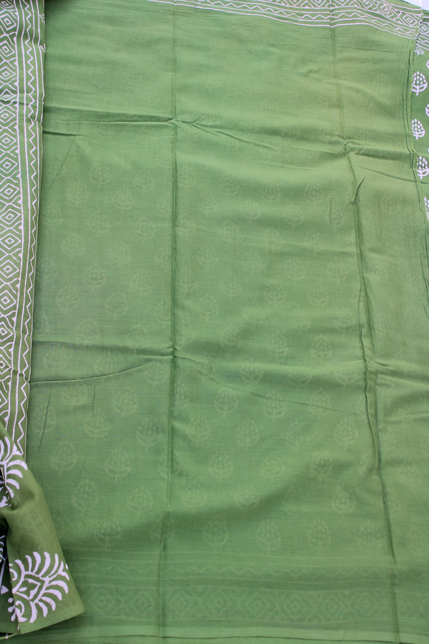 Green with white hand block printed mul cotton saree