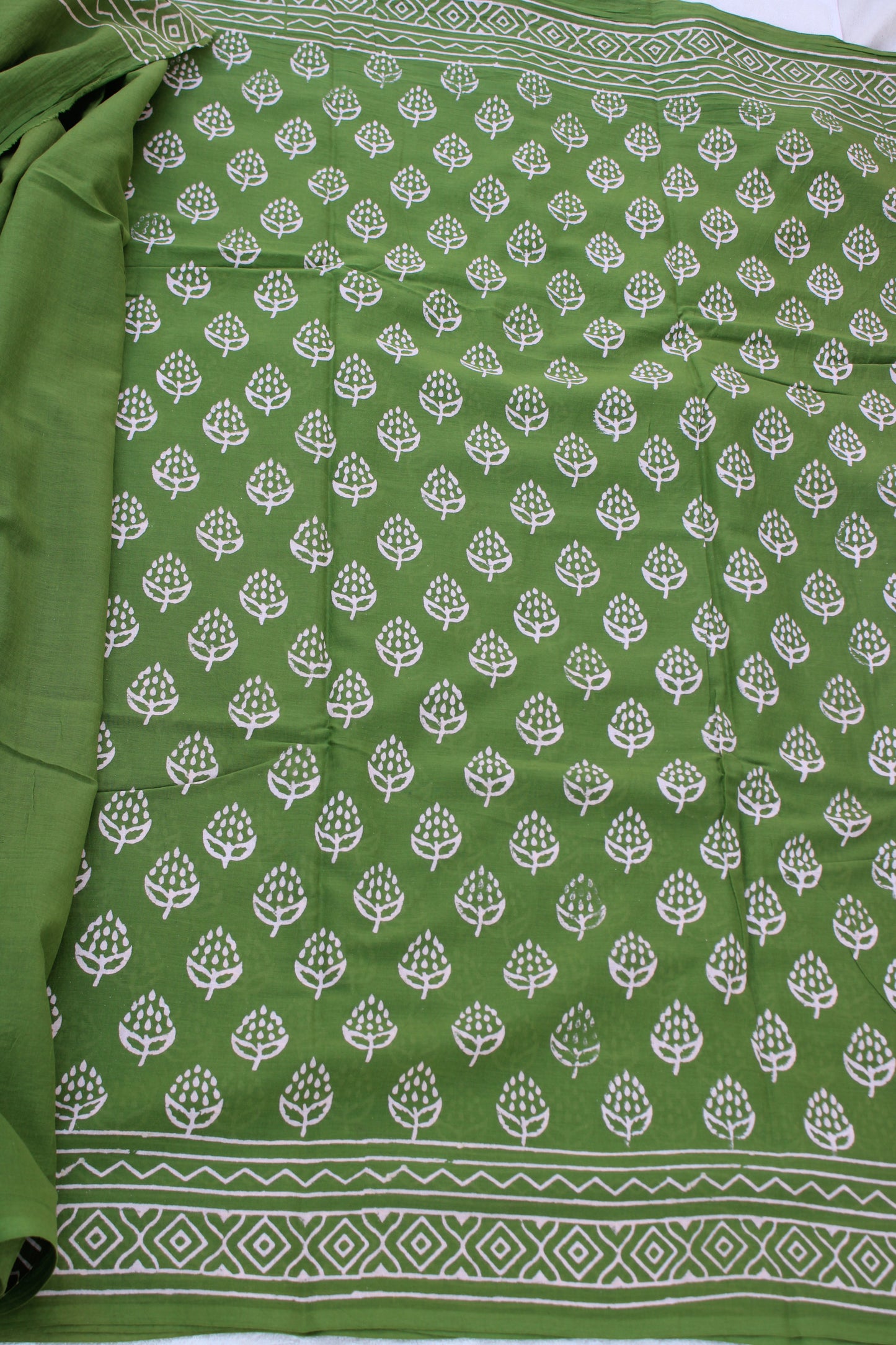 Green with white hand block printed mul cotton saree