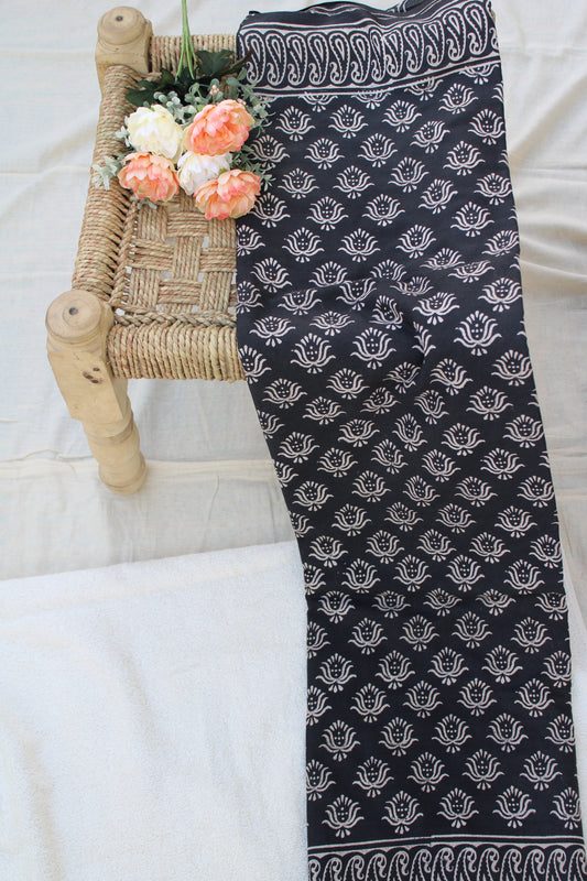 Black with white lotus hand block printed mul cotton saree