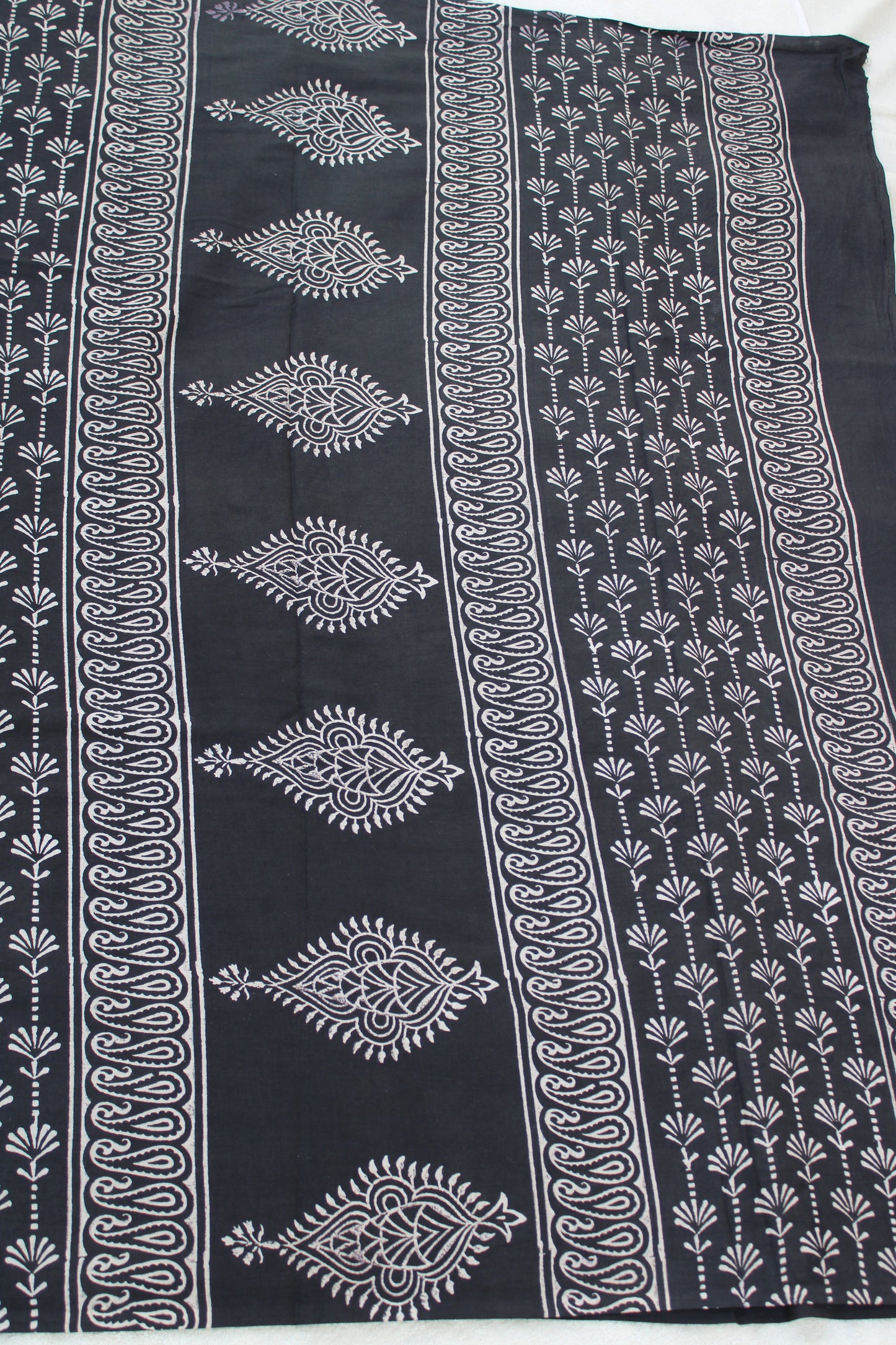 Black with white lotus hand block printed mul cotton saree