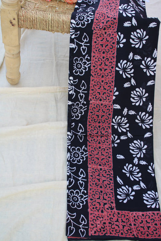 Black with white flower block printed mul cotton saree with Reb border
