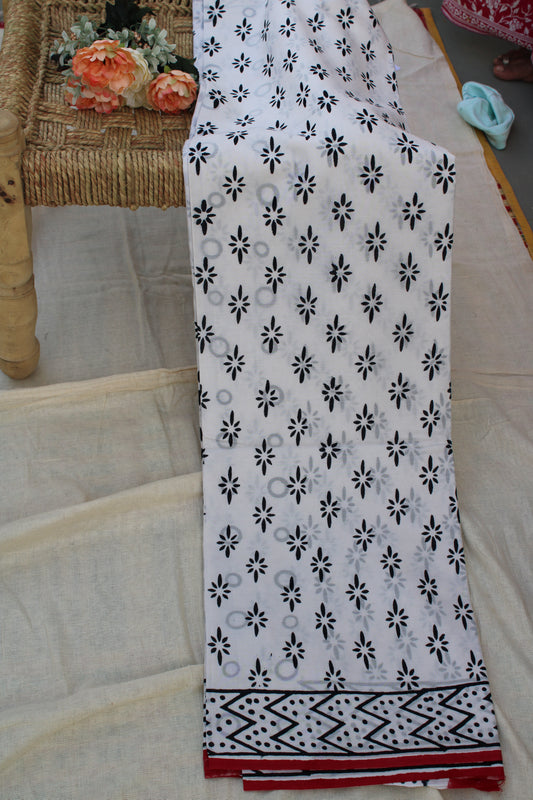 White with black flower hand block printed Mul cotton saree