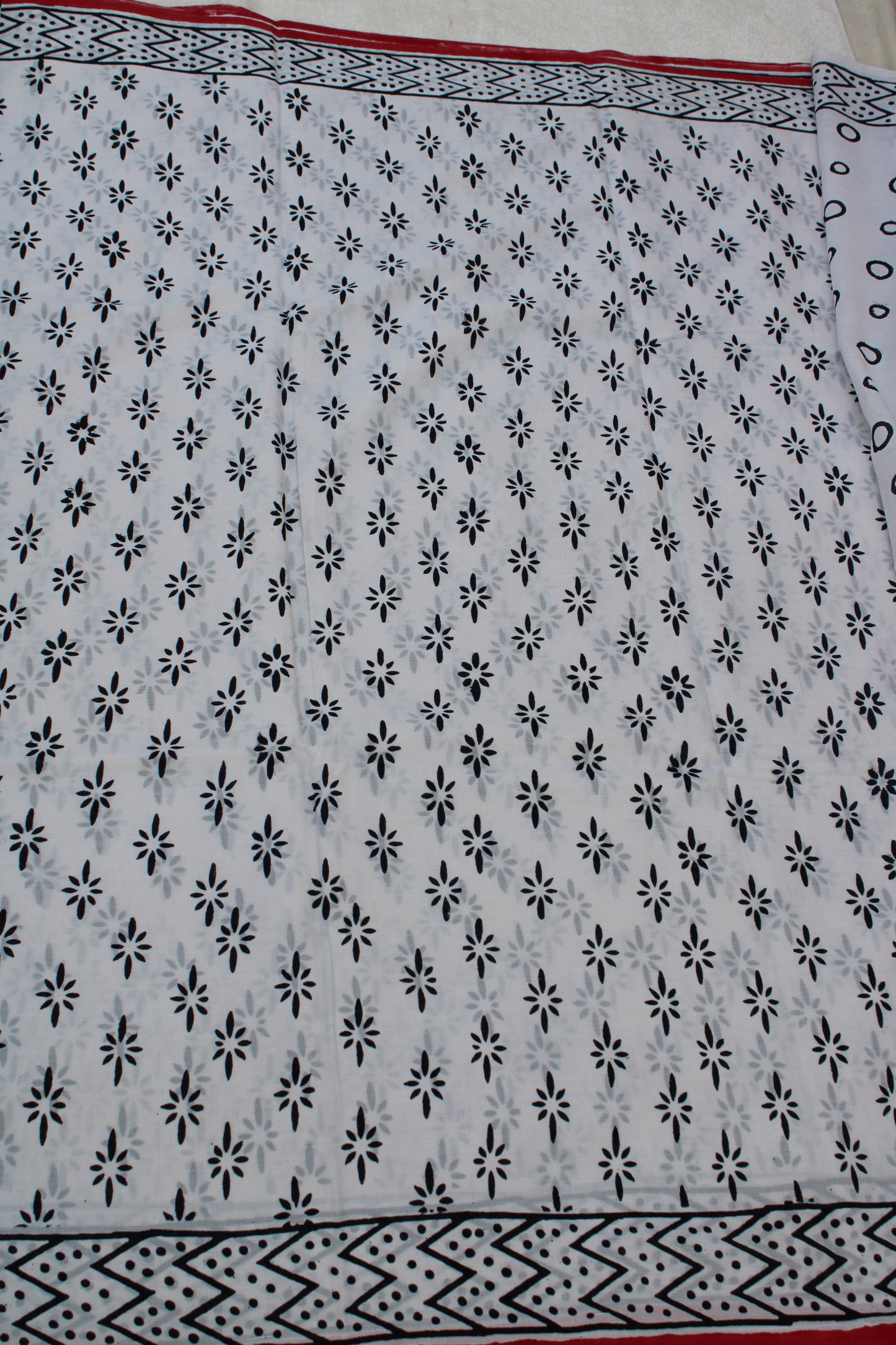 White with black flower hand block printed Mul cotton saree