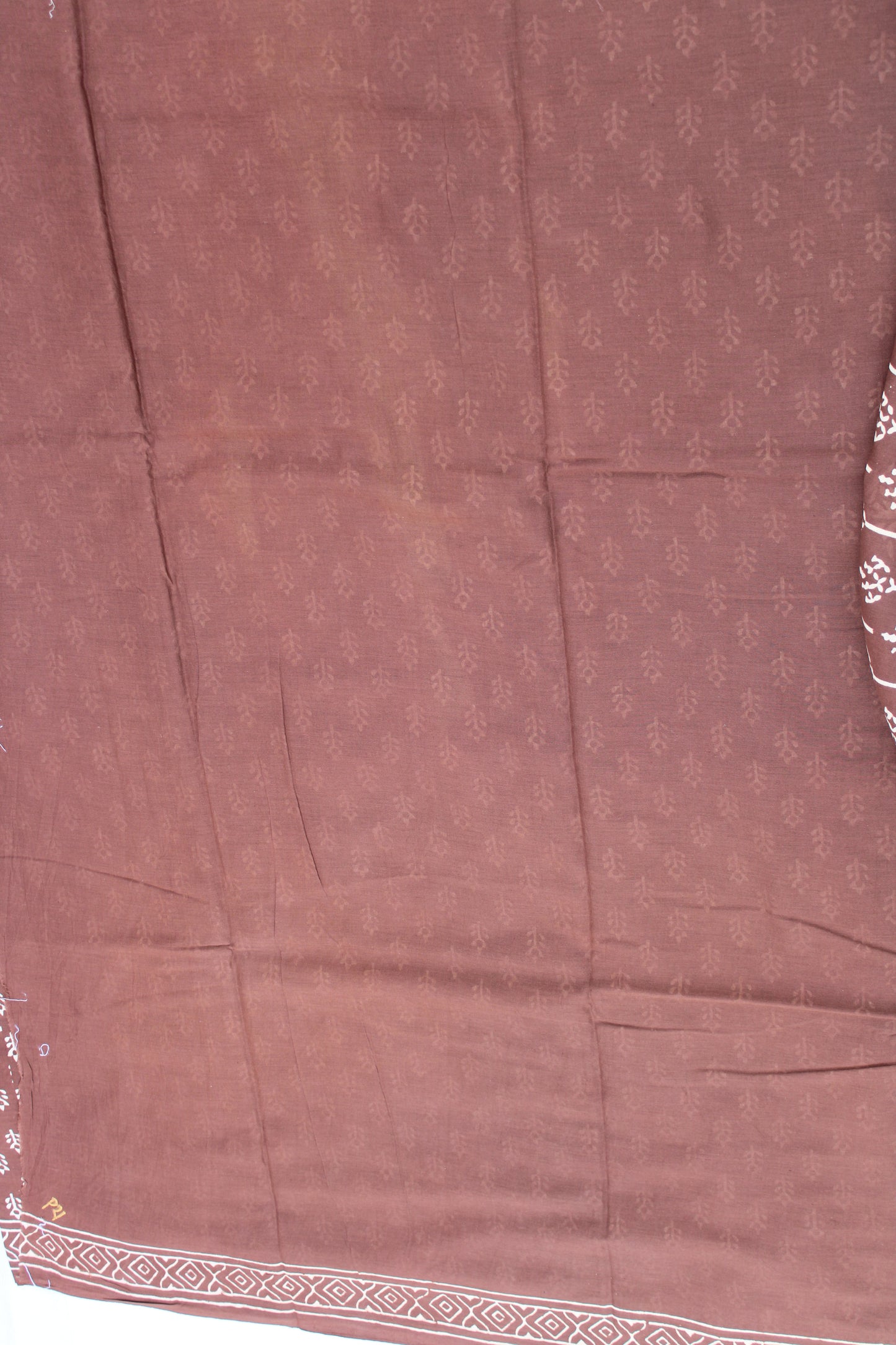 Brown with white block printed mul cotton saree