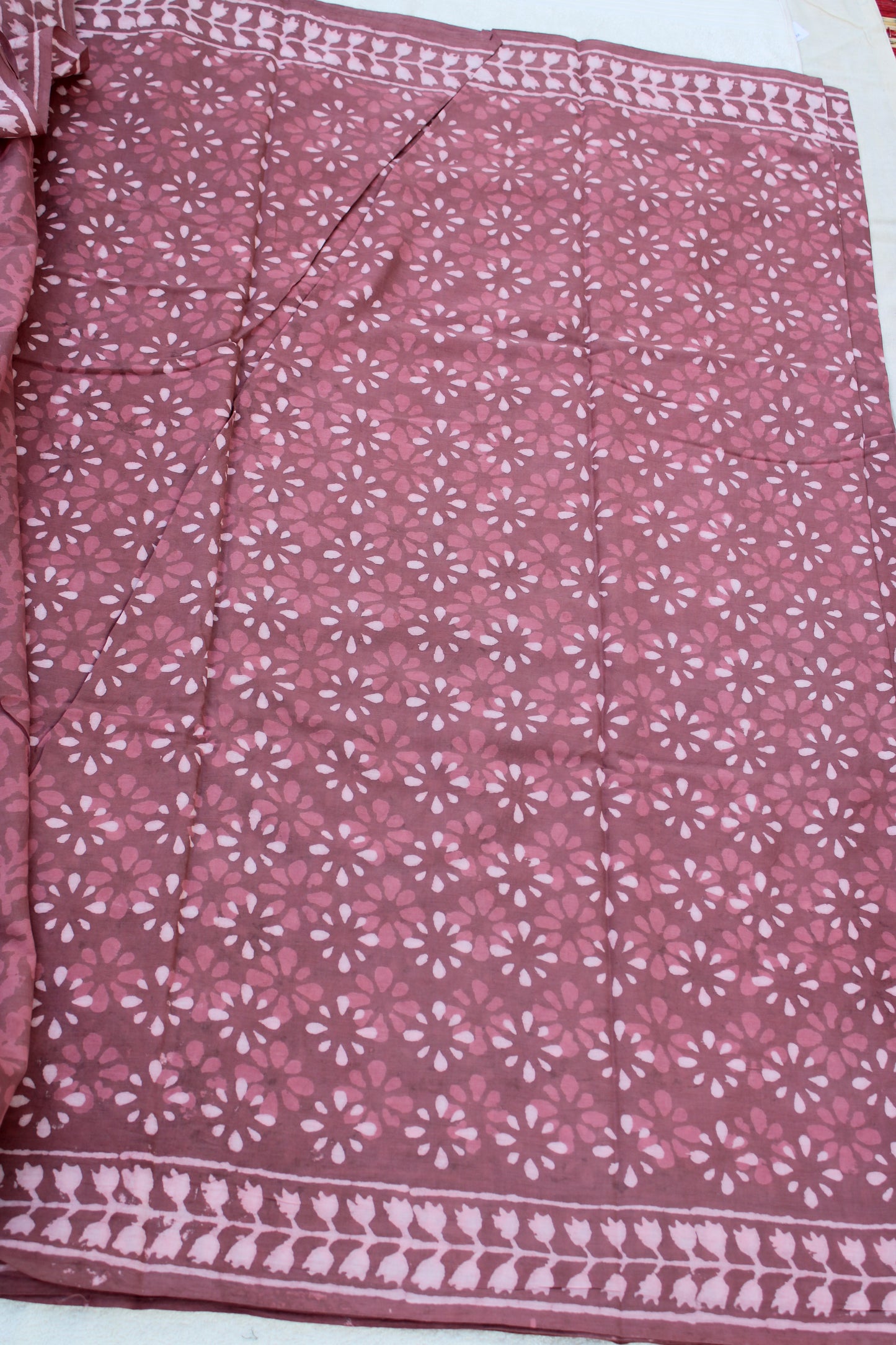 Onion pink with white hand block printed mul cotton saree