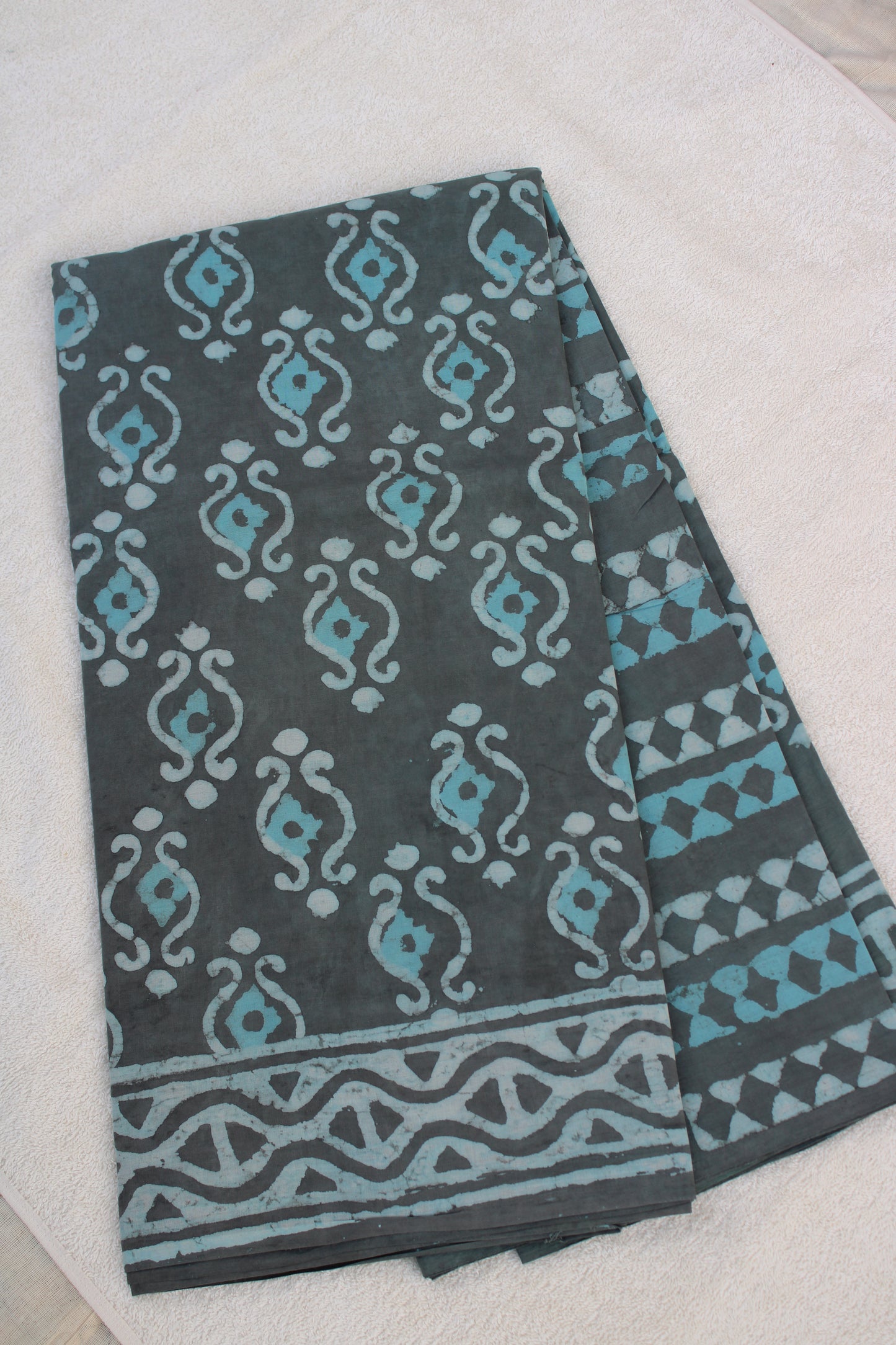 Blue grey Block printed Mul cotton saree