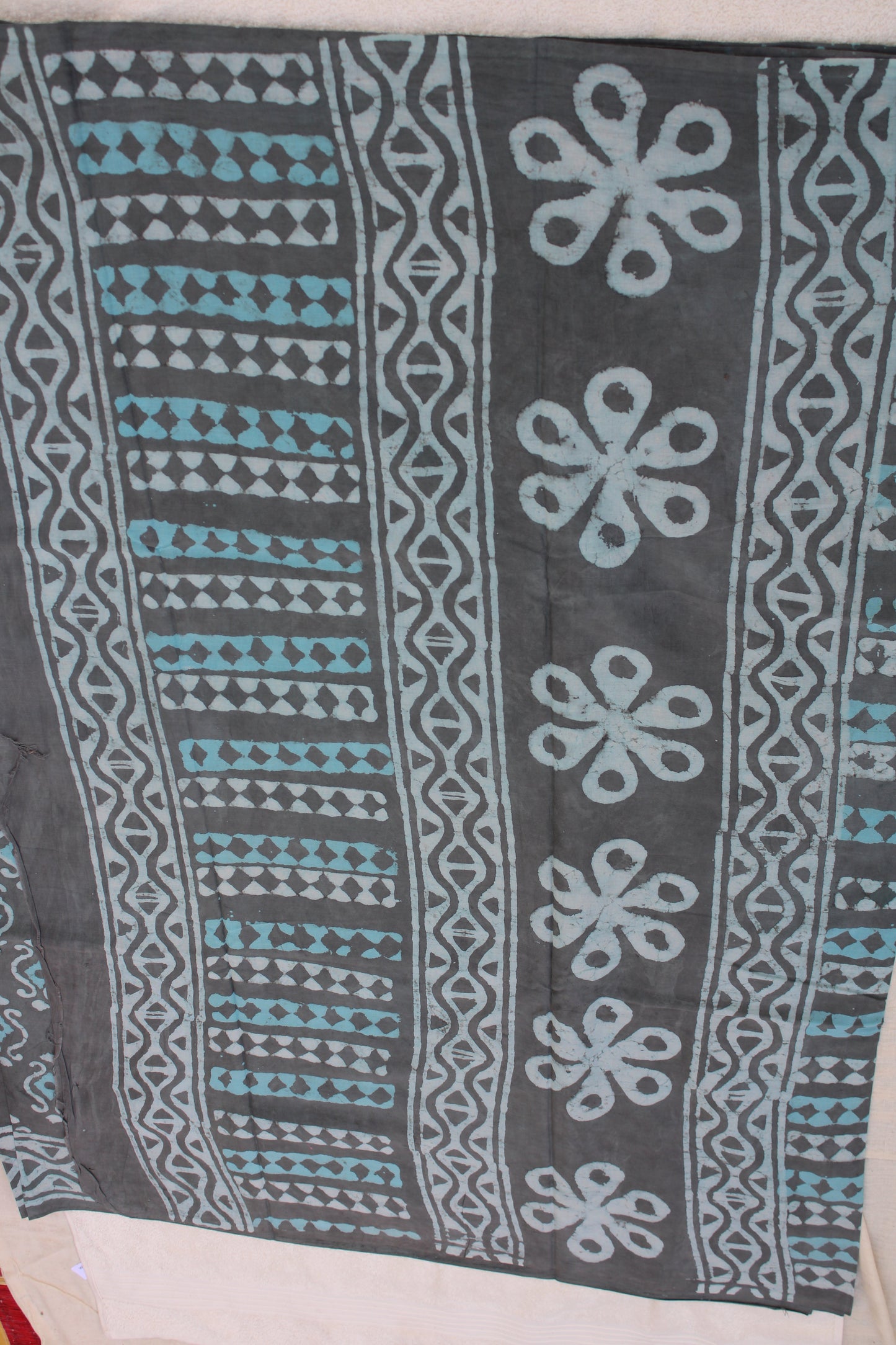 Blue grey Block printed Mul cotton saree
