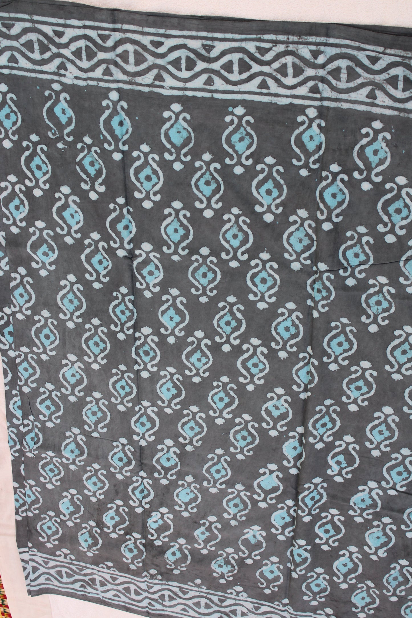 Blue grey Block printed Mul cotton saree