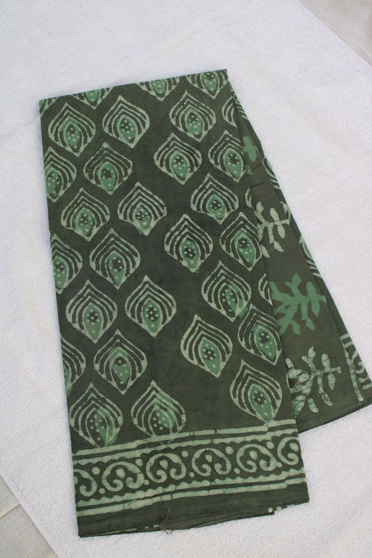 Earthy green colour saree with hand block printed mul cotton saree