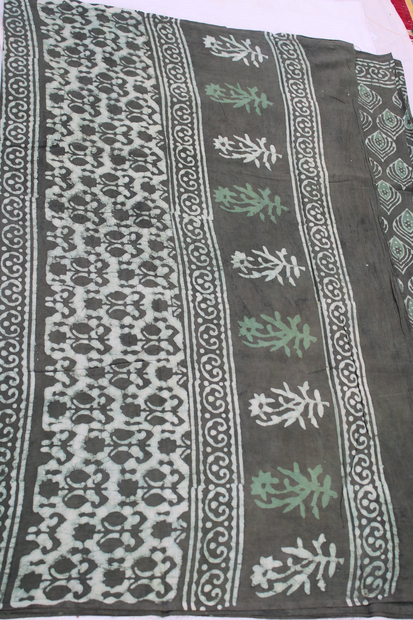 Earthy green colour saree with hand block printed mul cotton saree