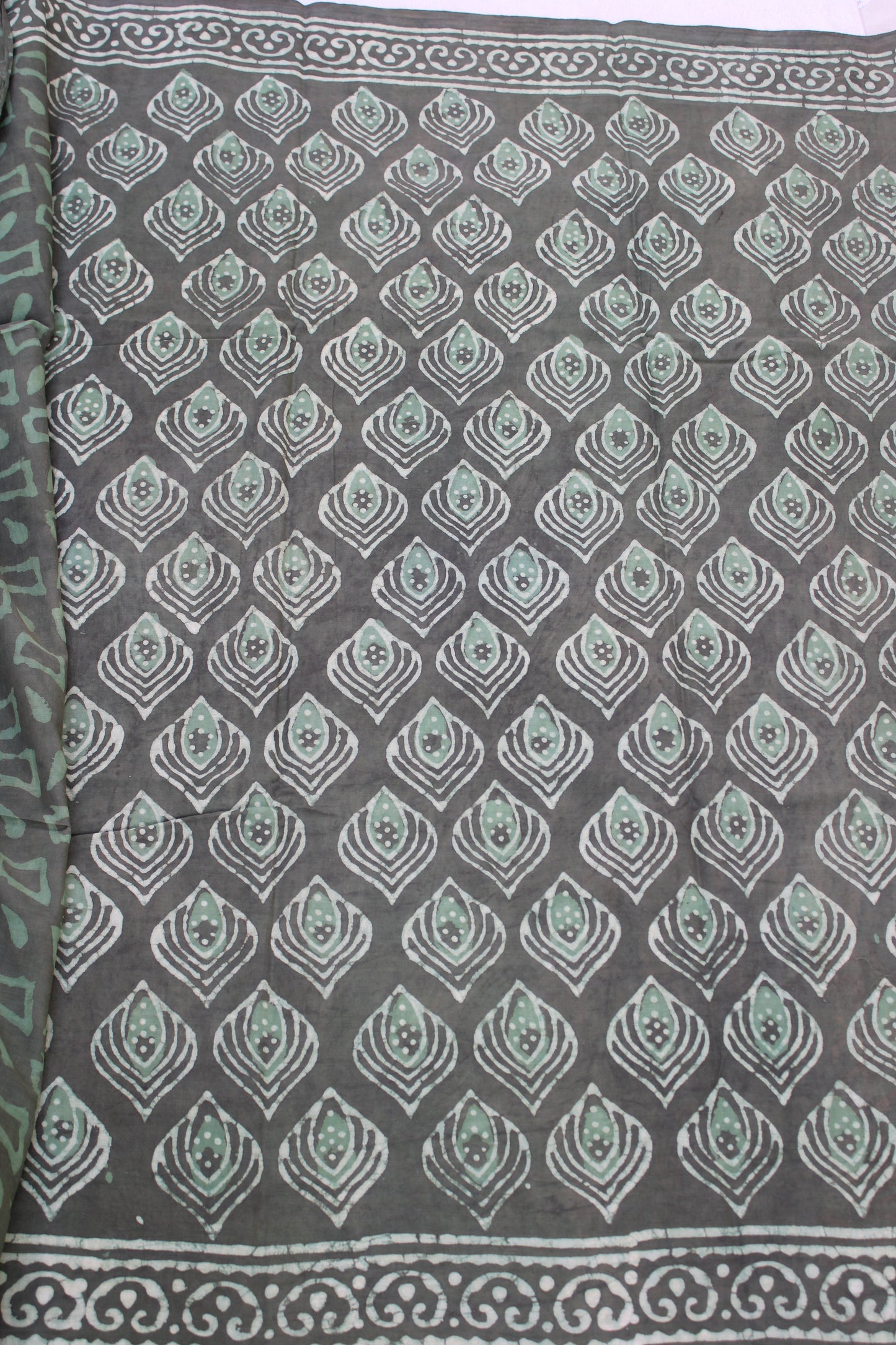 Earthy green colour saree with hand block printed mul cotton saree