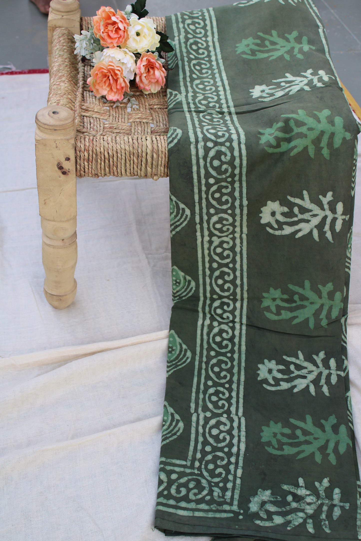 Earthy green colour saree with hand block printed mul cotton saree