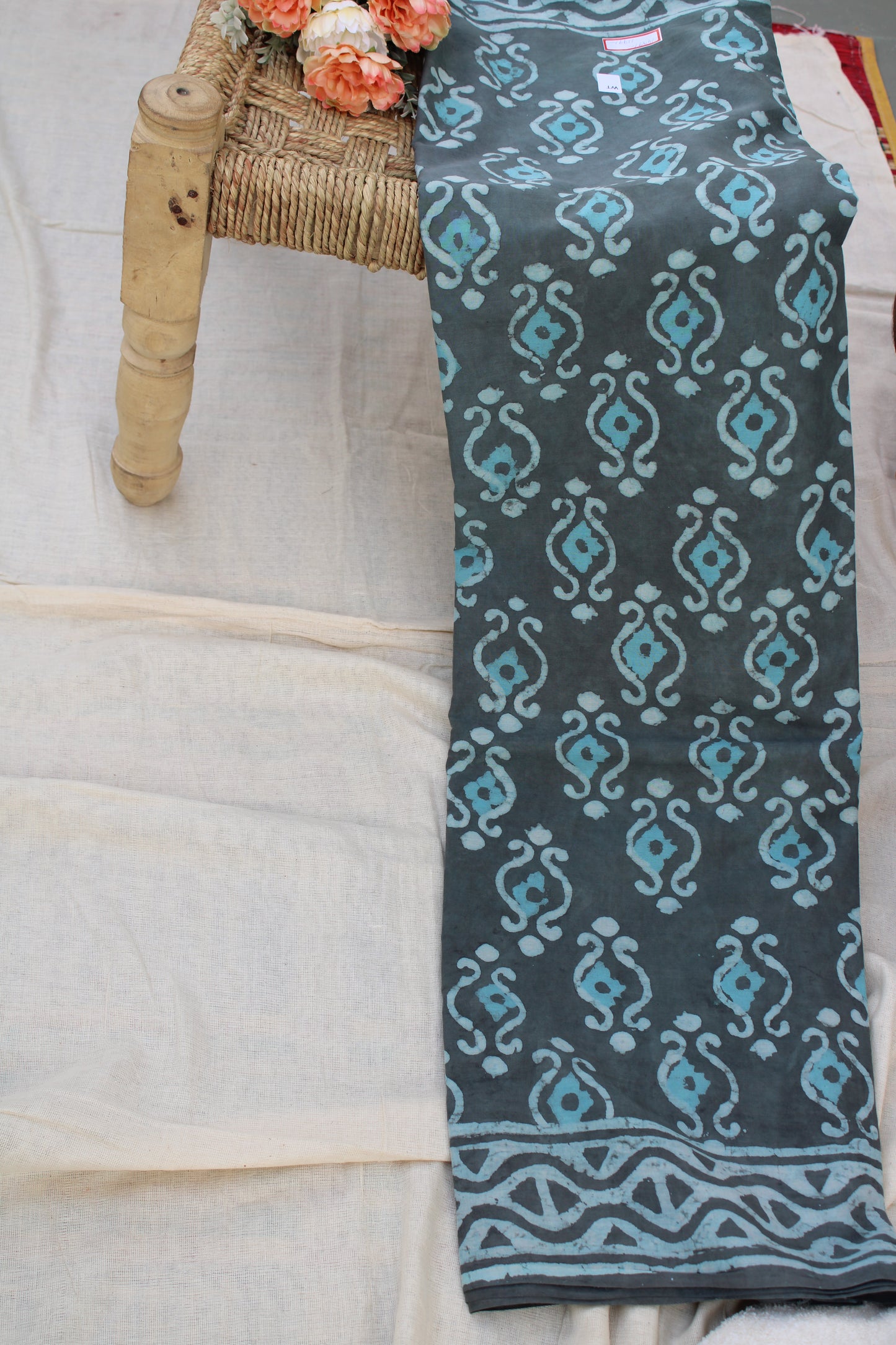 Blue grey Block printed Mul cotton saree