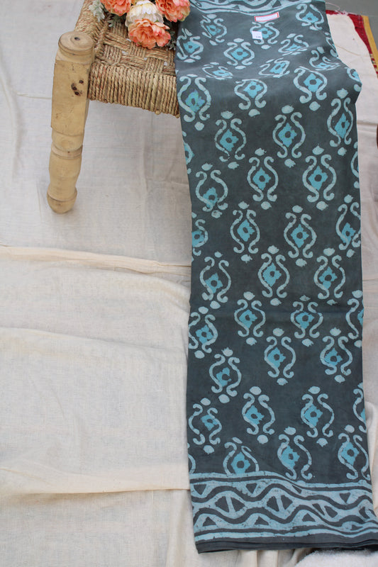 Blue grey Block printed Mul cotton saree
