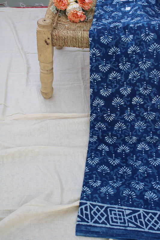 Earthy blue with white hand block printed mul