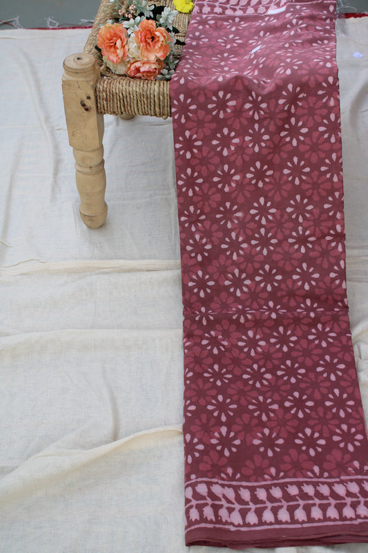 Onion pink with white hand block printed mul cotton saree