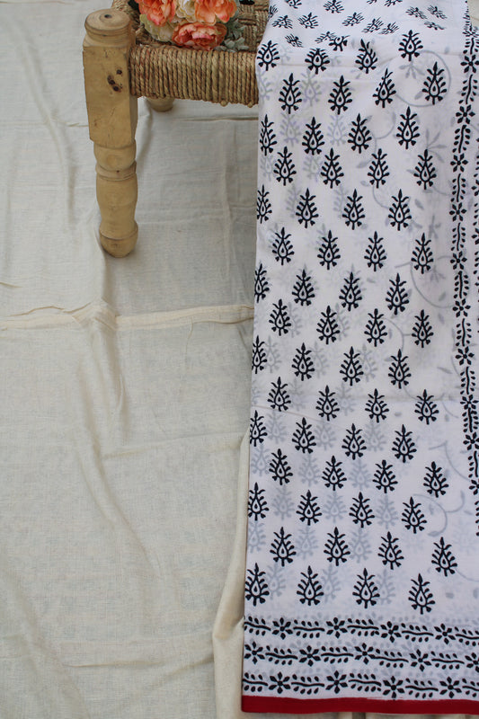 White with black peacock leaf hand block printed mul cotton saree