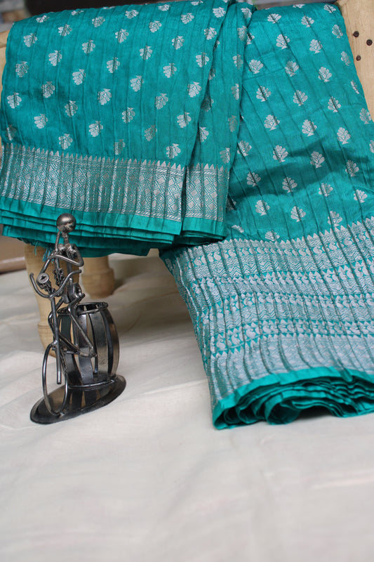 Blue green Crushed Banarasi silver Zari weaving saree