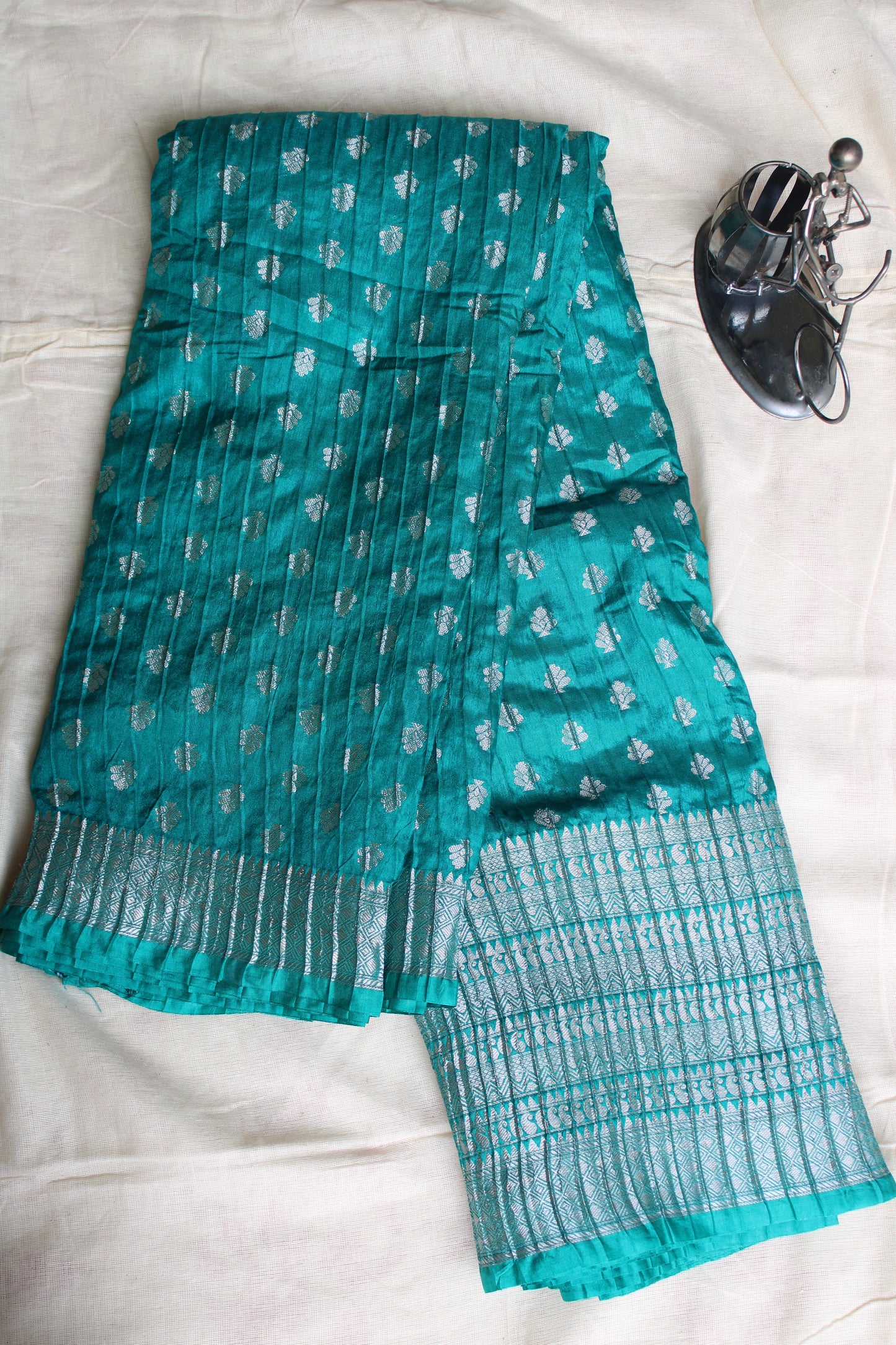 Blue green Crushed Banarasi silver Zari weaving saree
