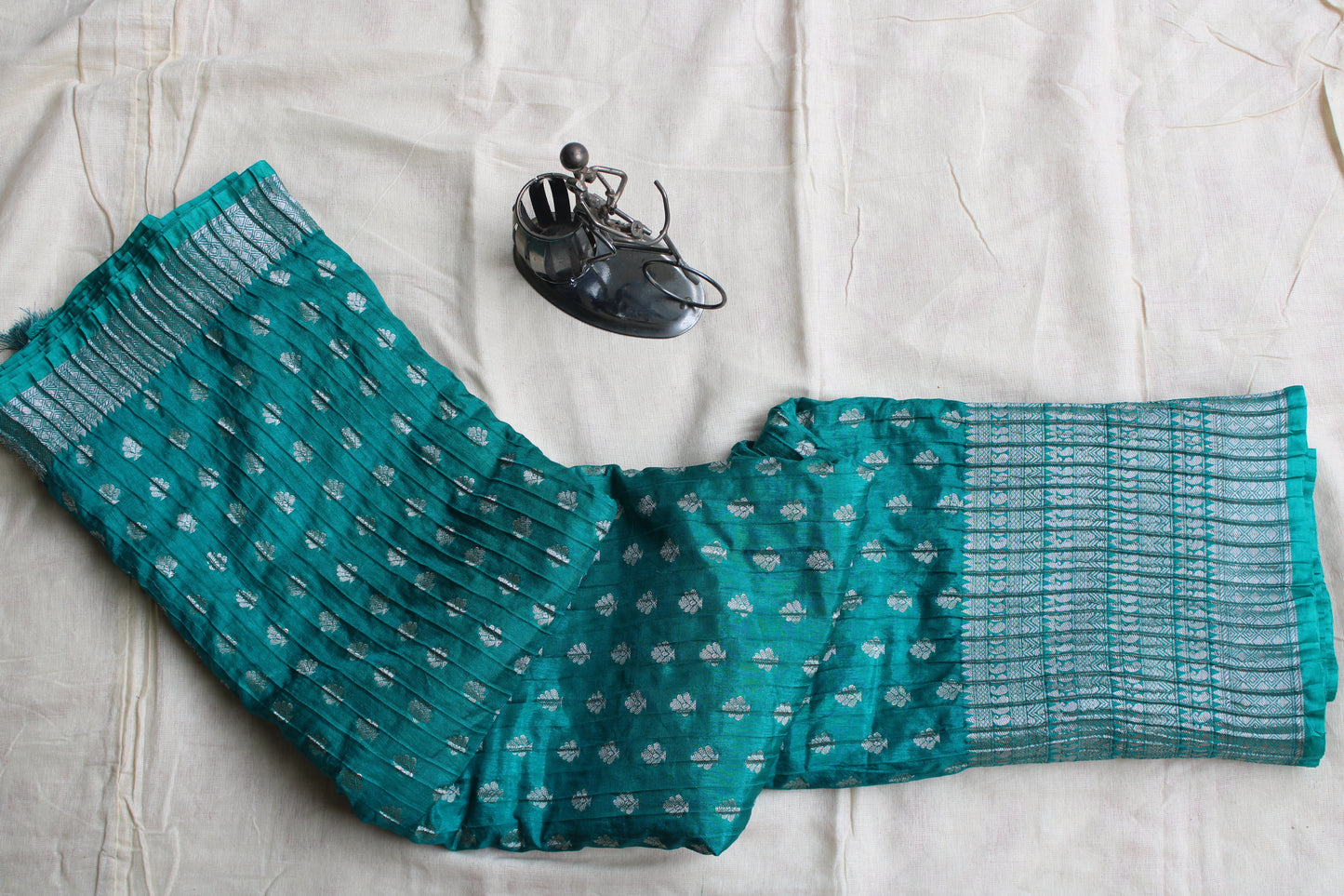 Blue green Crushed Banarasi silver Zari weaving saree