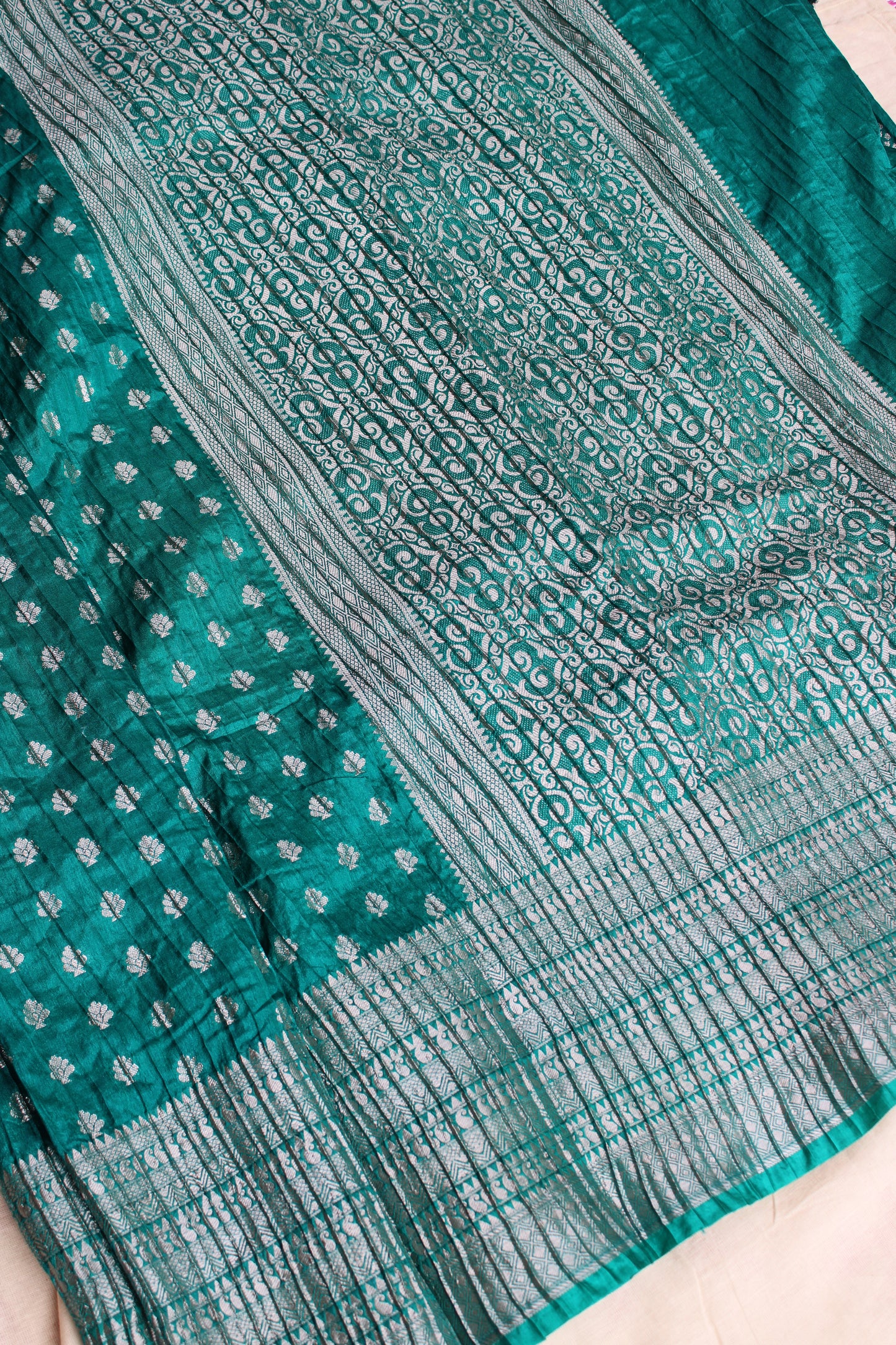 Blue green Crushed Banarasi silver Zari weaving saree