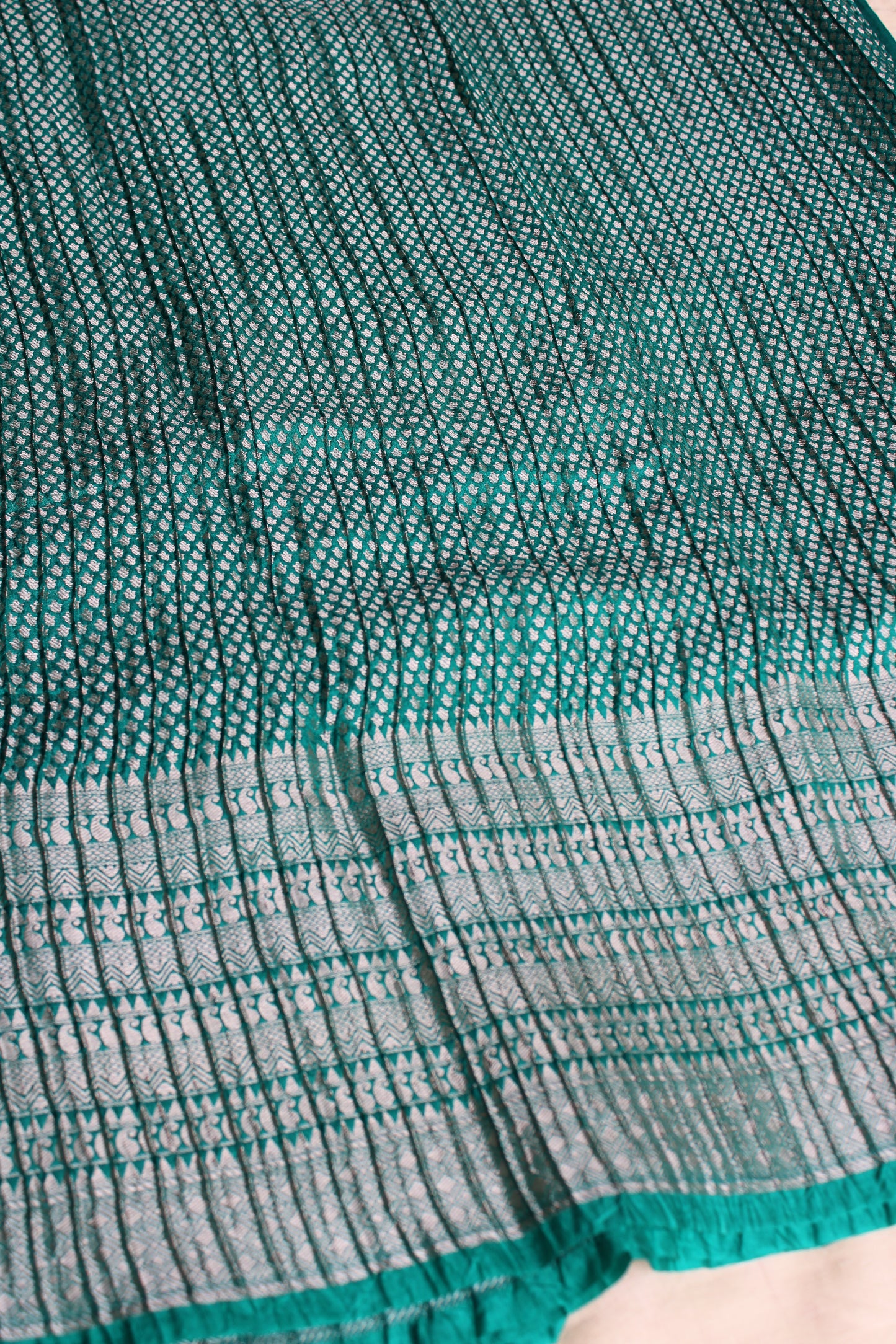 Blue green Crushed Banarasi silver Zari weaving saree