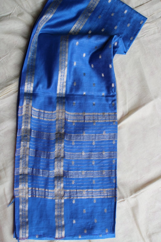 Blue Maheswari art silk with zari buttas and gap border