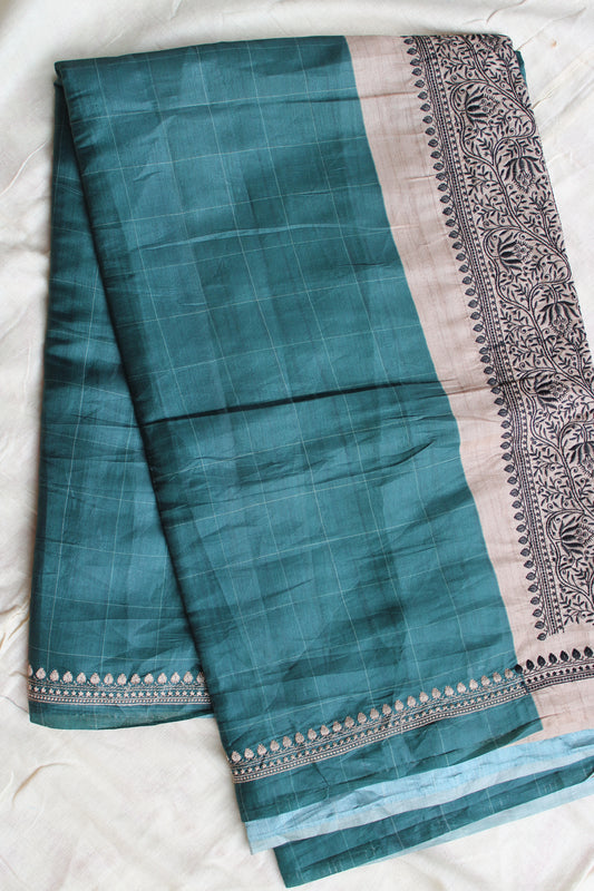 Green soft tusser saree with small flower embroidery border