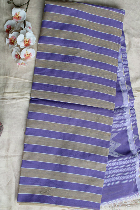 Lavender Vertical stipes Cotton silk saree with zamdani weaving pallu