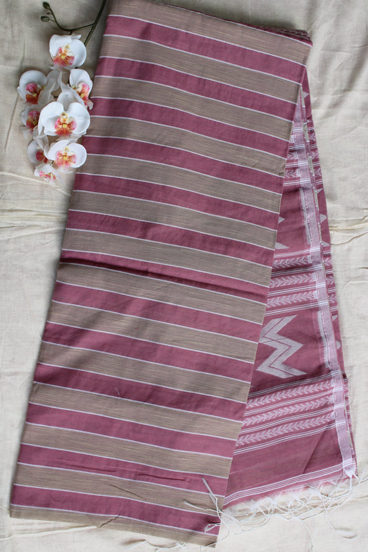 Pink Vertical stipes Cotton silk saree with zamdani weaving pallu