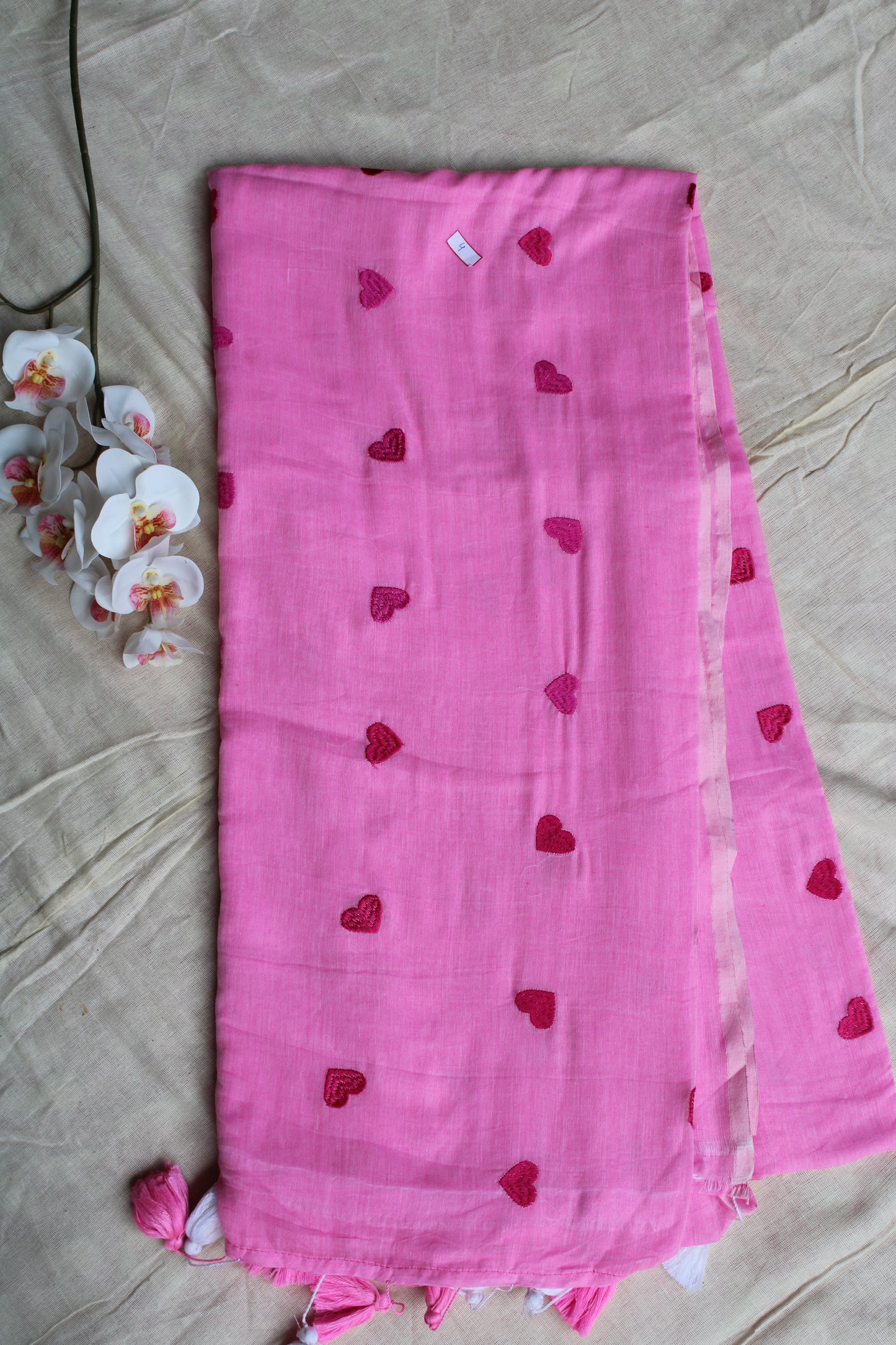 Pink Mul cotton saree with Heart Embroidery design